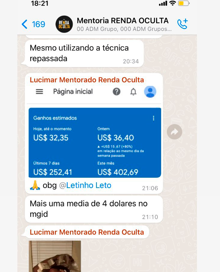 Print WhatsApp - Aluno faturando 400 dolares por mes